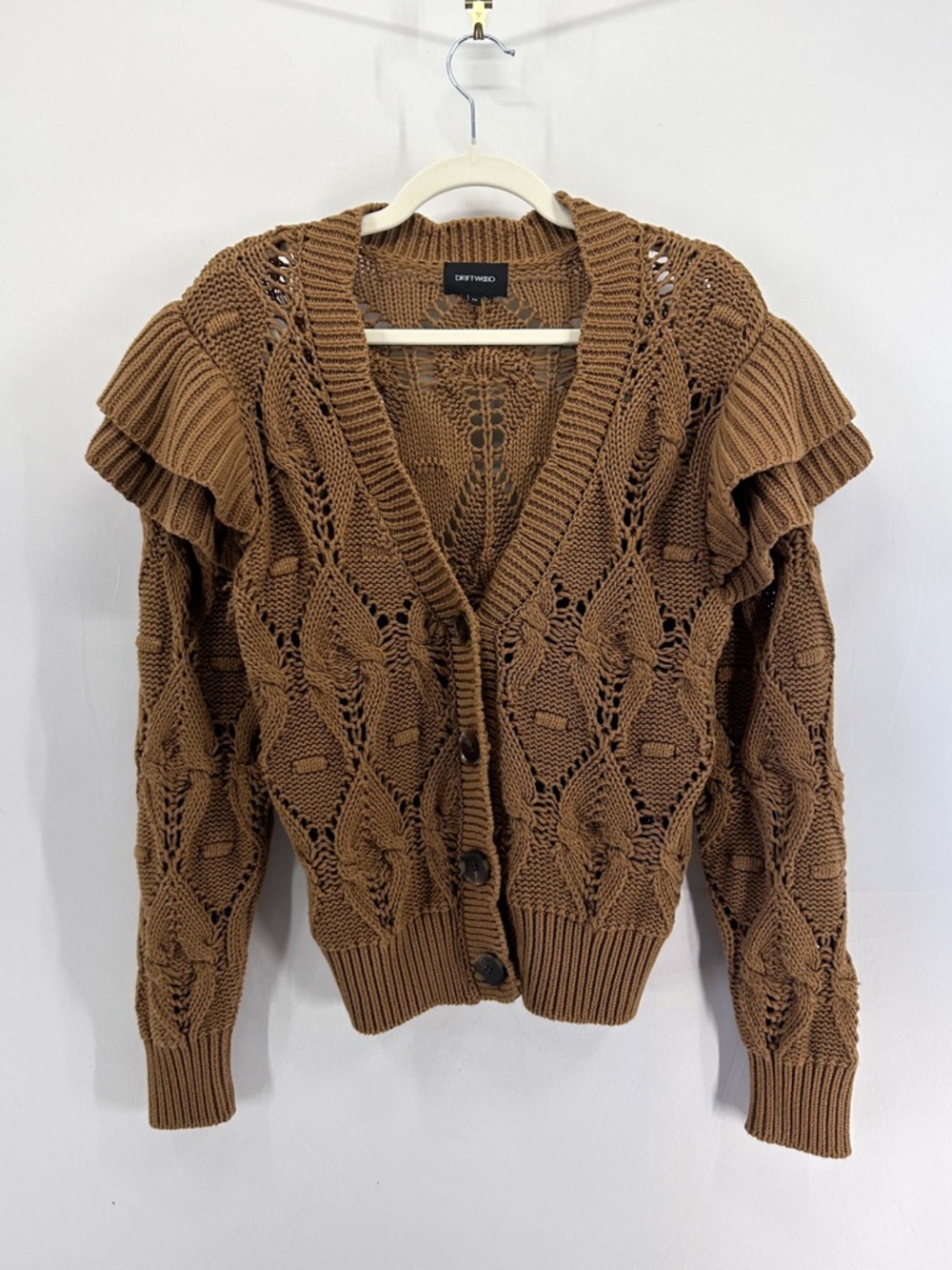 Driftwood Brown V Neck Cable Chunky Knit Cardigan Ruffled Shoulders Cotton M